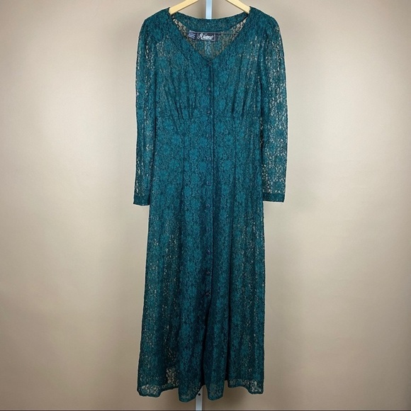 Vintage Lace Emerald Green Maxi Dress Kimono size Medium Cardigan Longline - Picture 1 of 6